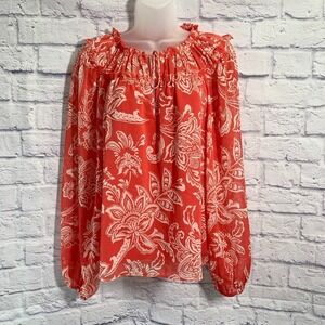 Evereve‎ Womens Med Lined Chiffon Top Blouse Gathered Red Floral 3/4 Sleeve NWT